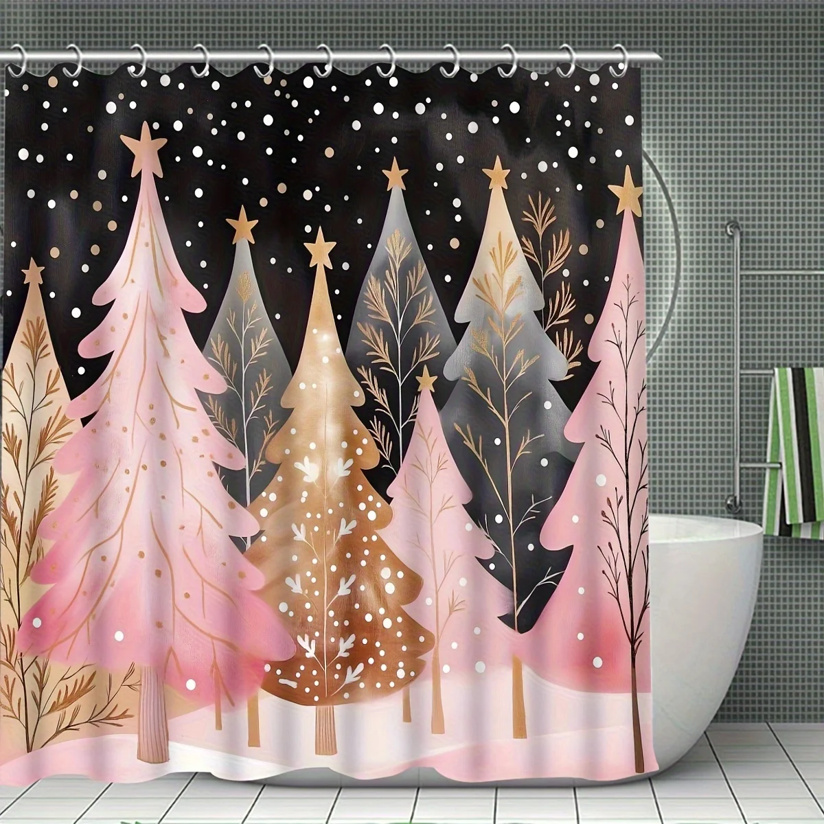 4Pcs Xmas Shower Set, Pink Christmas Tree Forest, Includes Curtain & Mat, 12 Hooks, Perfect for Festive Winter Bathroom Decor