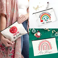Thank You Custom Name Teacher Cosmetic Bag Neceser Makeup Bag Linen Zipper Pouch Travel Toiletry Organizer Mujer Bolsa Neceser