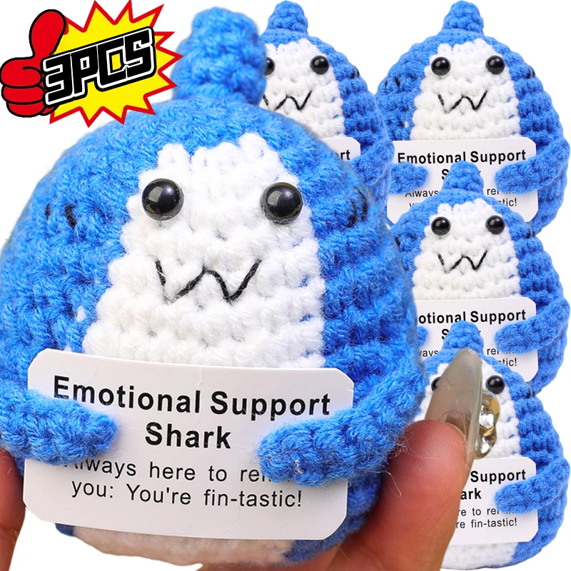 New Positive Energy Shark Hug Pocket Mini Handmade Knitting Doll with Card Funny Creative Birthday Gift Home Room Decoration