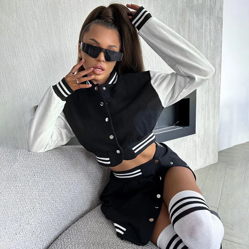 Fitness Women 2 Piece Set Varsity Button Up Crop Coat Bodycon Skirts Matching Baseball Set 2023 Fall Winter Workout Tracksuits