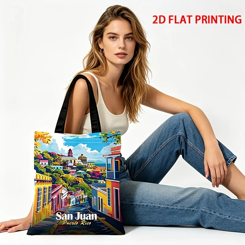 1pc Puerto Rico San Juan City Tote Bag  Large Reusable Travel Bag with Iconic Landmarks Print, Durable Suitable for School Use