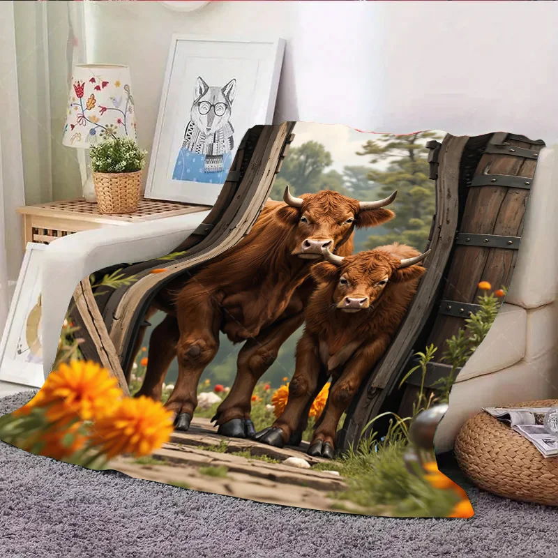 1pc Flannel Blanket Rustic Barn Scene Blanket with Highland Cows and Wildflowers