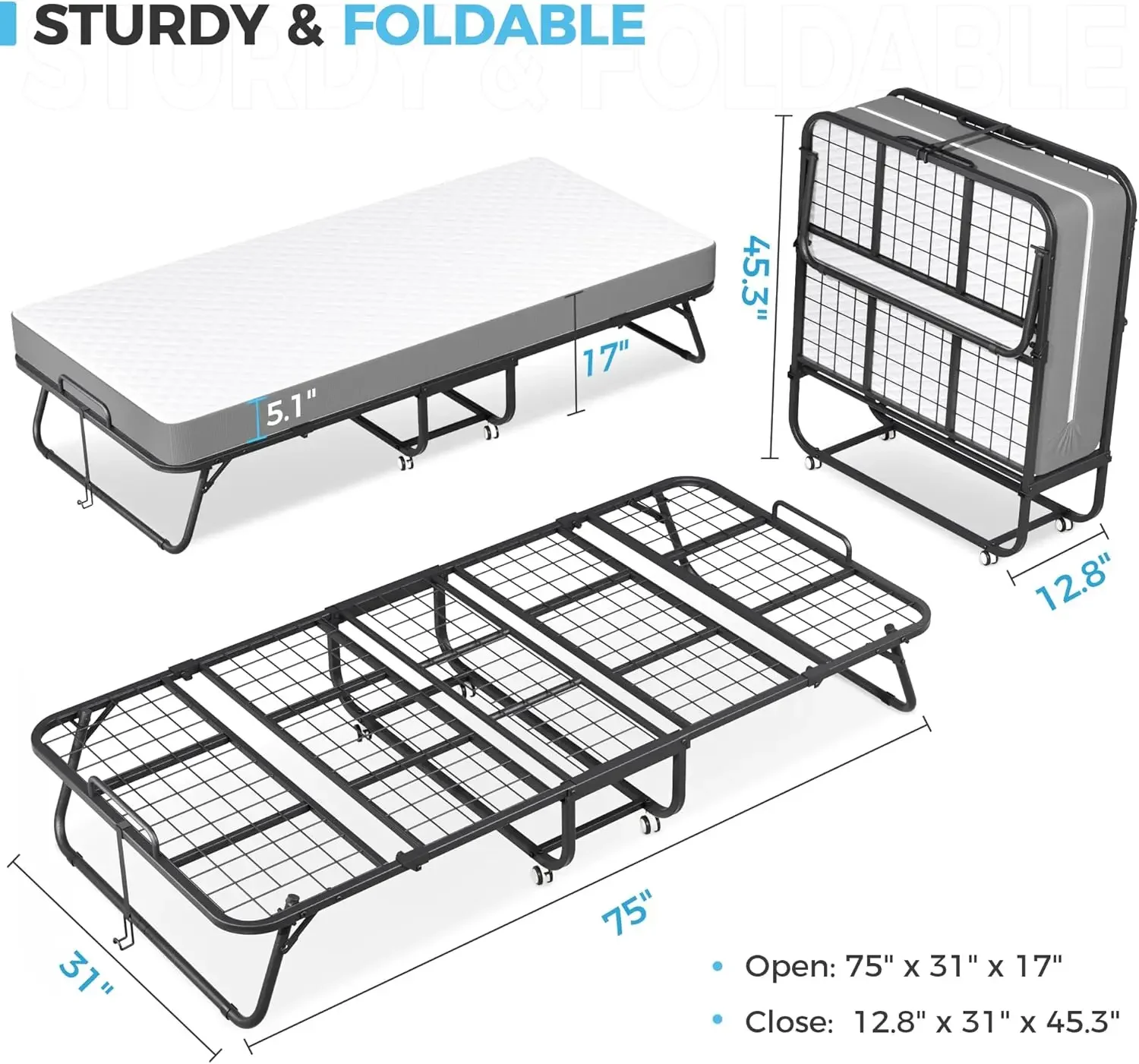 Раскладная кровать с 5-дюймовым матрасом, раскладные кровати для взрослых, портативная складная кровать, раскладная кровать размером 75 x 31 дюйм с металлическим каркасом
