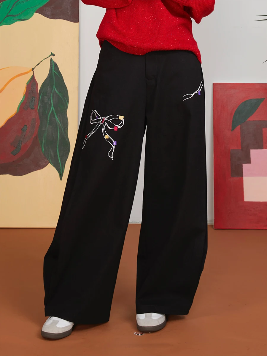 

HH Original Design Vintage Blo Knot Pattern Embroidery Accordion Pleat Loose Straight Leg Long Pants Women