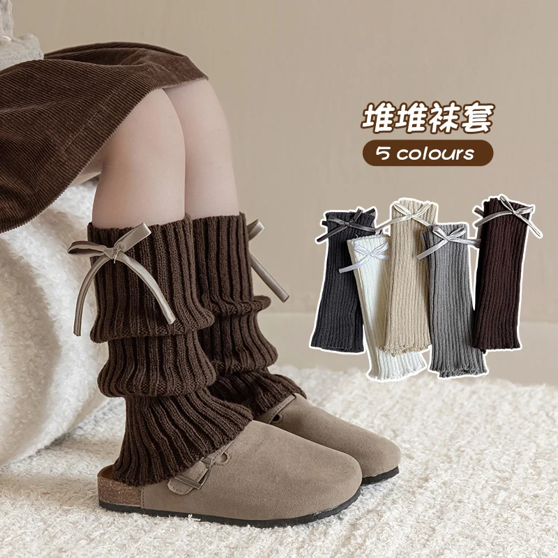 Fashion Girls Autumn Winter Leg Warmers Knit Cuffs with Ribbon Bow Slouchy Stackable Sockens Cozy Thermal Sweet Kids Accessory