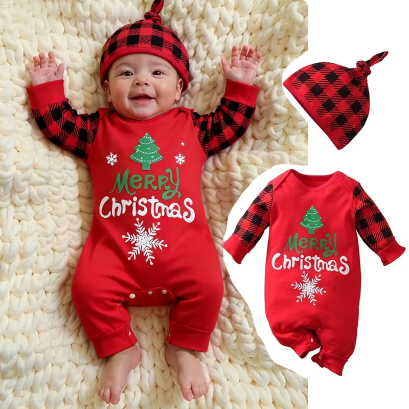 

2pcs set Newborn Baby My First Christmas Outfits Boys Girls Striped Button Romper with hat baby girl colthes bebe одежда для