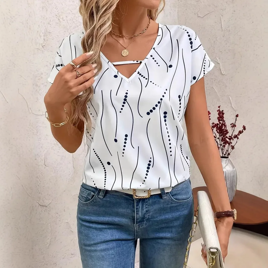 

Summer New Women Fashion Casual Classic Printed V-neck Long-sleeved Decorative Buttons For Team Building Commuting Women's Shirt