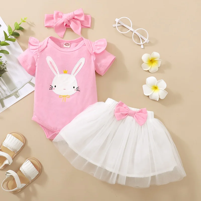 0-18 Months Newborn Baby Girl Daily Clothes Set Rabbit Print Short Sleeve Romper+ Tulle Skirt+Headband Summer 3PCS Outfit