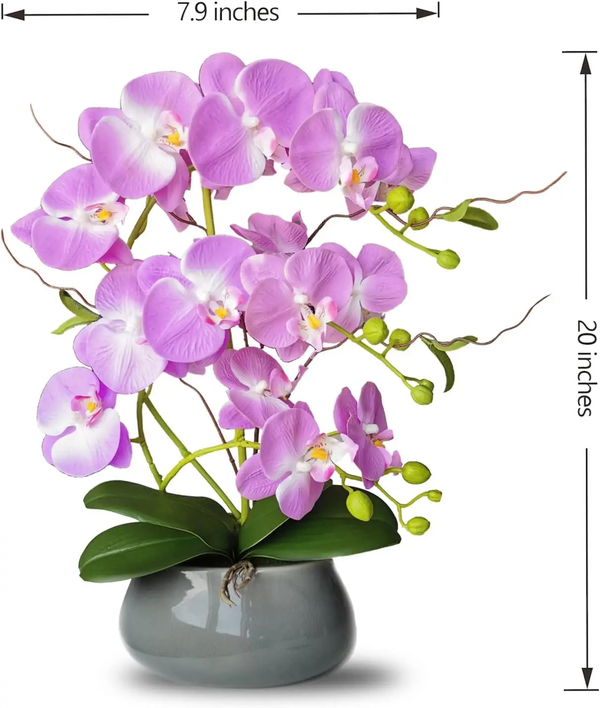 

White Orchid Artificial Flowers with Gray Vase - Faux Phalaenopsis Arrangement, Fake Flowers for Office Decoration, Wedding, Par