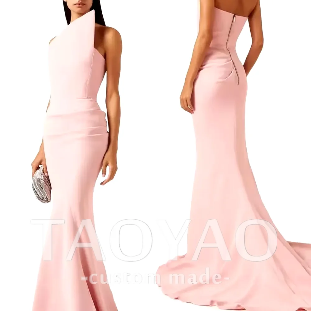 

Pink Satin Mermaid Draped Pleat Formal Evening Off Shoulder Strapless Customized Bespoke Occasion Gown Long Dresses 2024