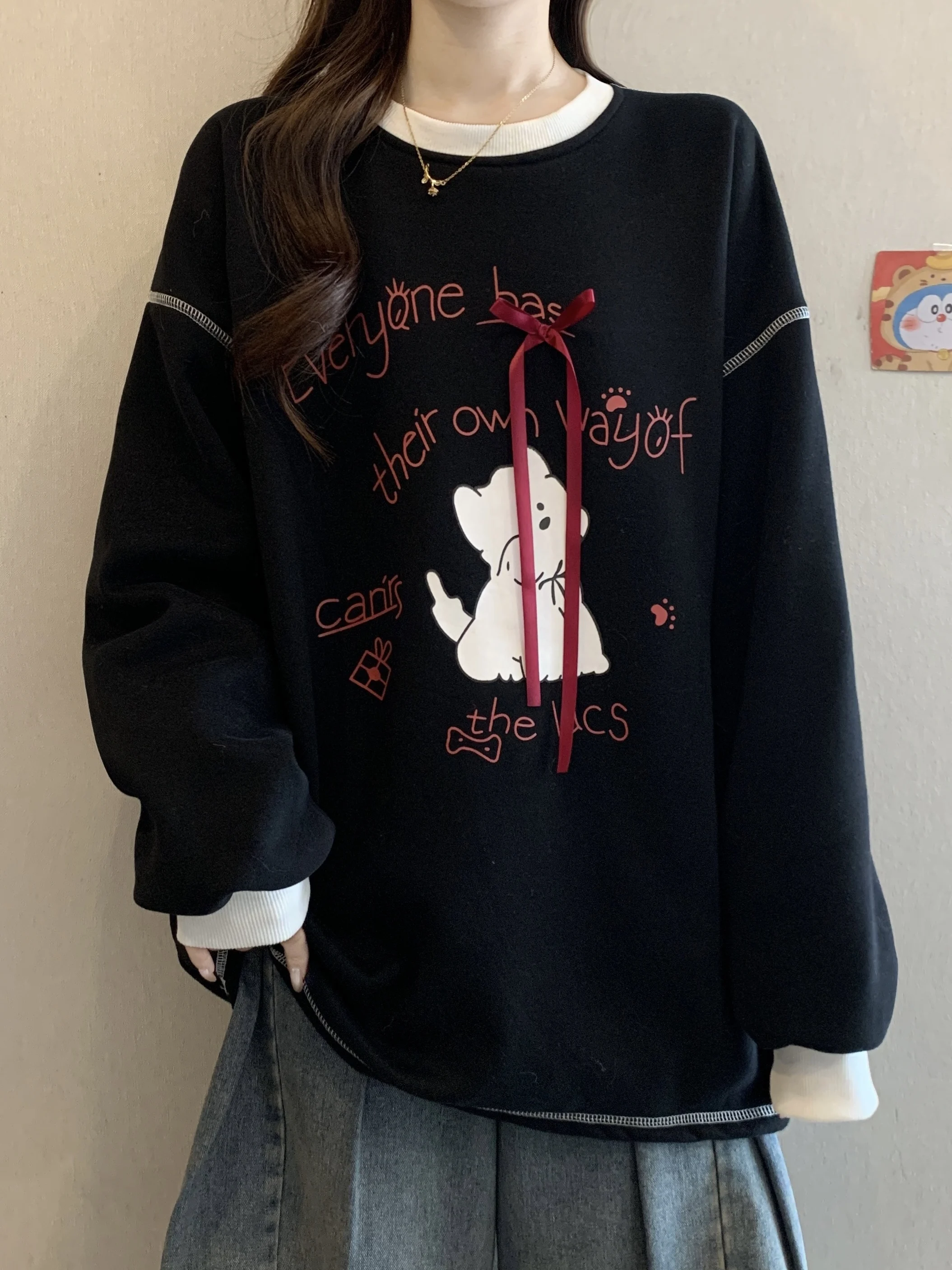 

plus Size Fleece Lined Thickened Hoodie Women's Loose Mid-Length Print Base Layer Top Korean Style Long Sleeve round Neck