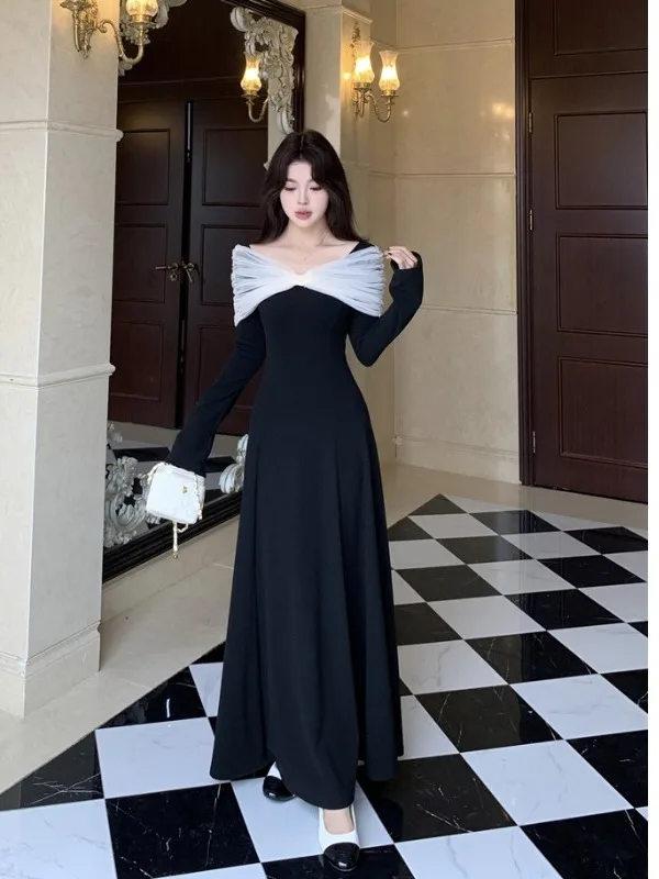 

Женское платье больших размеров с уникальным V-образным вырезом, длинными рукавами, А-силуэта, миди, с эффектом утончения талии, в корейском стиле, для повседневной носки