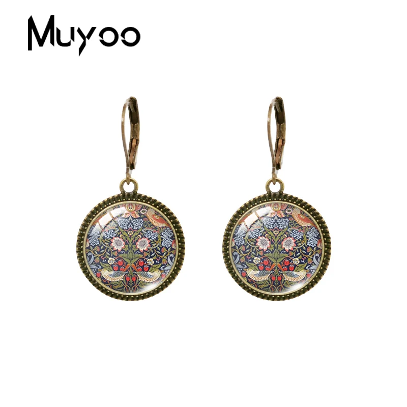 2023 New William Morris Strawberry Thief Dangle Earring Vintage Earrings Art Painting Round Glass Dome Handmade Jewelry