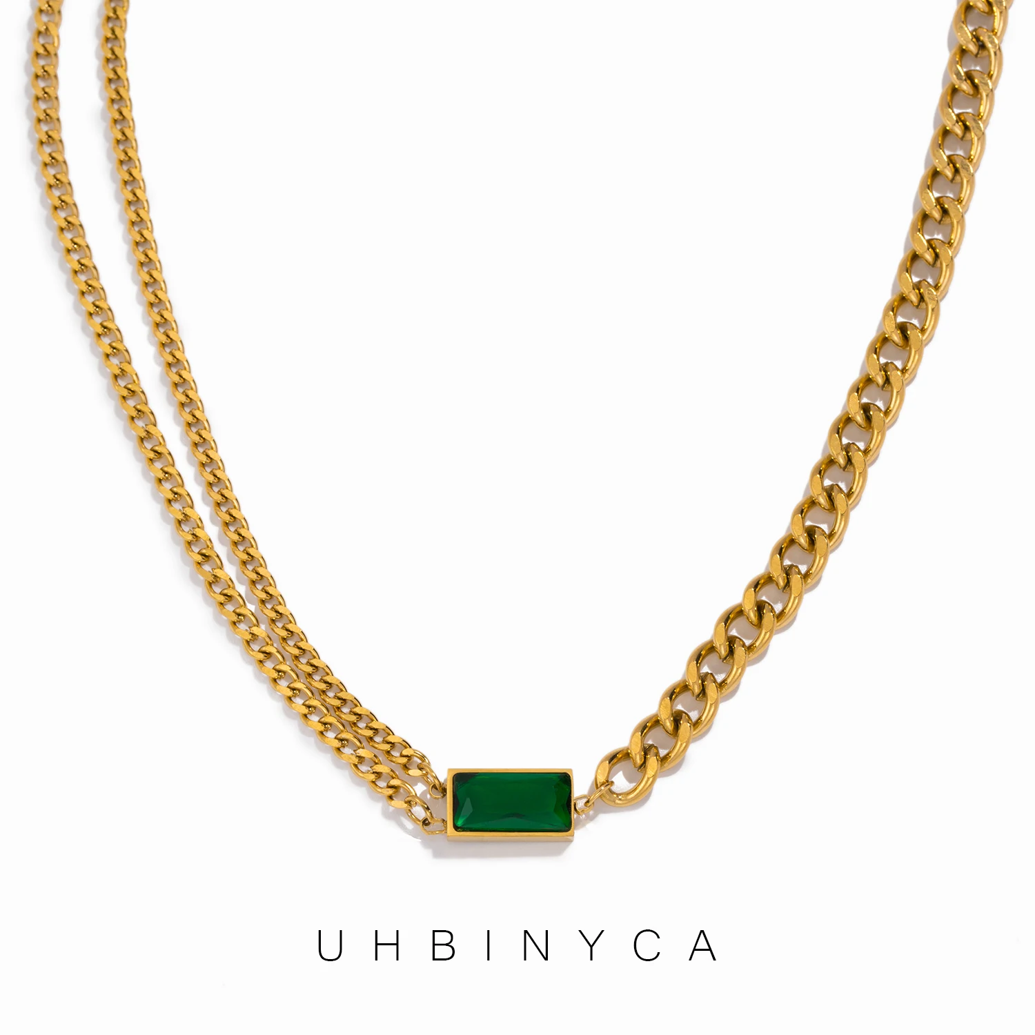Classic Emerald Asymmetric Chain Necklace for Women Stainless Steel Necklace for Daily Wear Jewelry