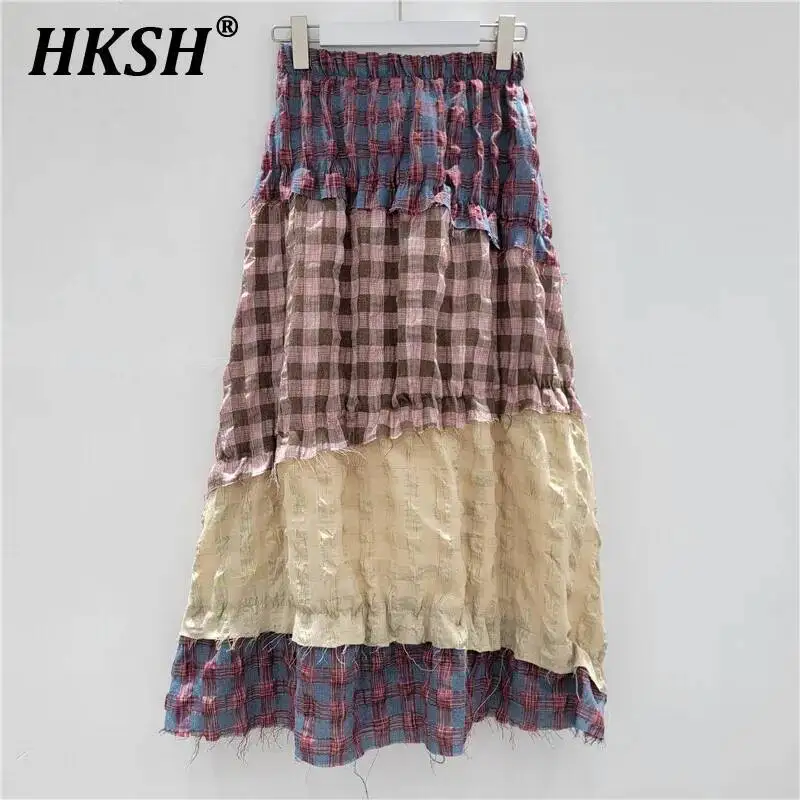 

HKSH Design High Sense контрастного цвета, клетчатая юбка с эластичной резинкой на талии, весна-лето, новинка для женщин, трапециевидной формы средней длины, HK4888