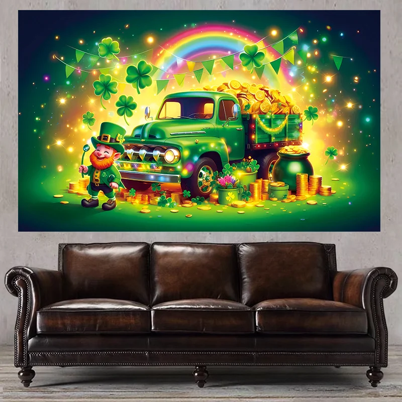 St Patrick's Day Tapestry, Lucky Leprechaun Truck Wall Hanging, Rainbow Clover Decor, Green Festival Background Cloth