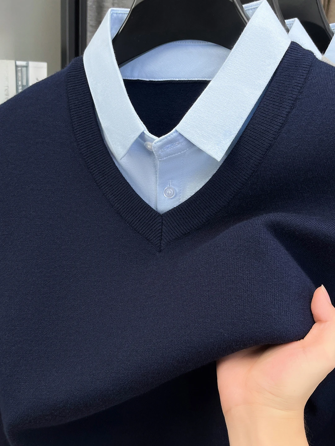 

Мужская трикотажная рубашка с длинным рукавом, повседневная, теплая, деловая, комфортная, весенне-осенняя, трикотажная, имитация двухслойности