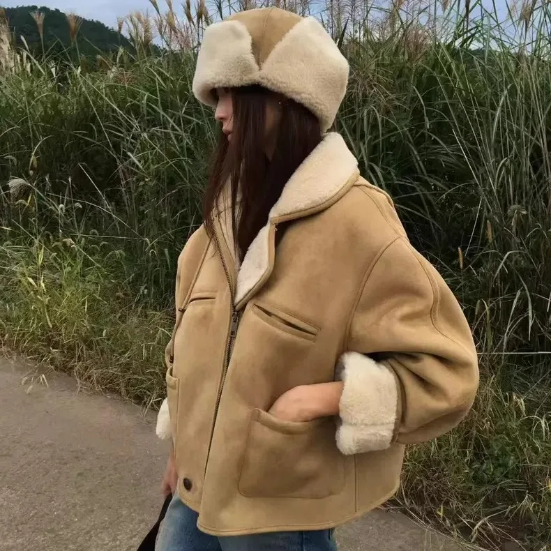 الشتاء فرو الضأن الجلد المدبوغ دراجة نارية Jaet سستة طوق معطف المرأة فضفاضة تناسب طويلة Sve الرجعية Sle الداخلية eep المخملية #3