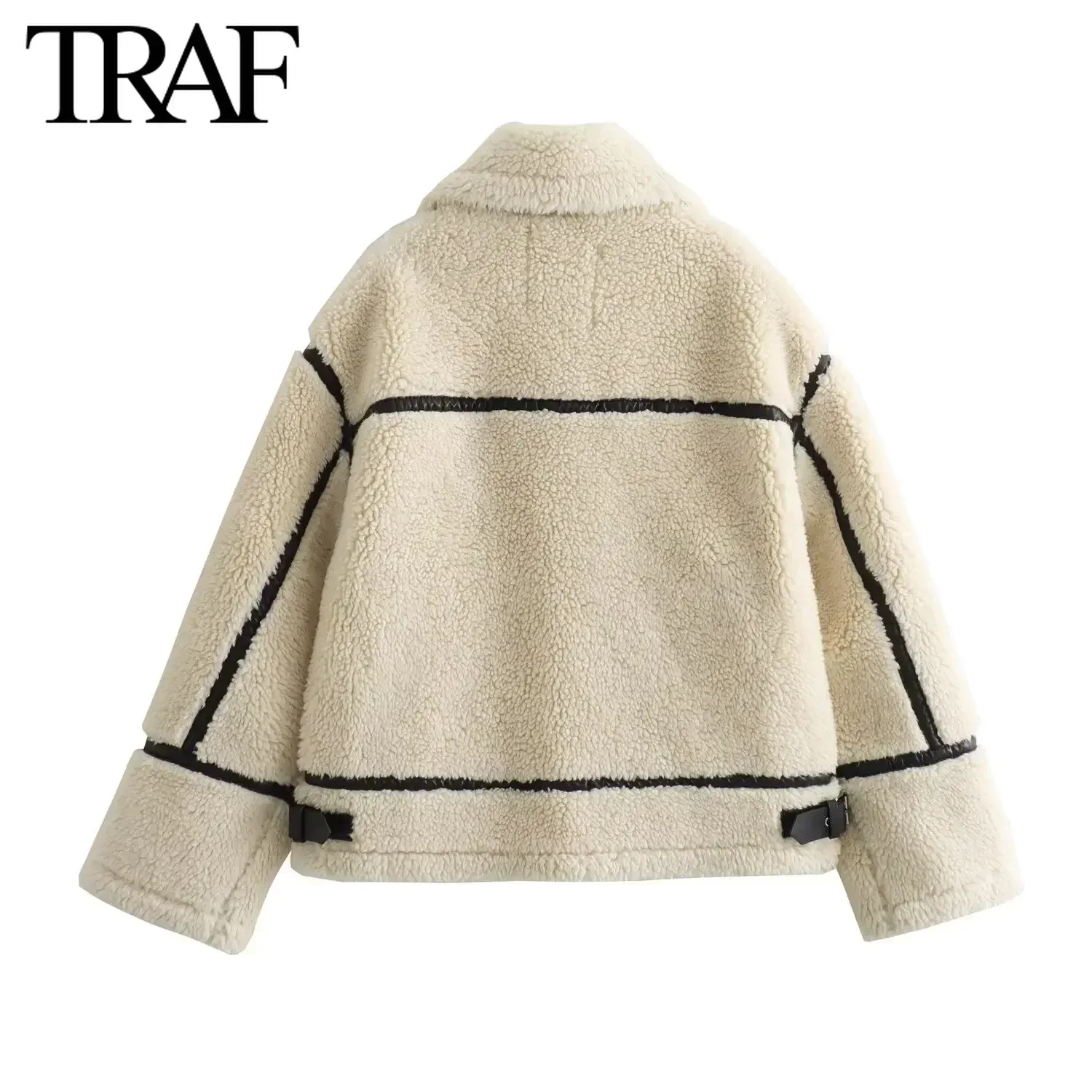 TRAF Faux Fur Jacket for Women Fashion Winter New Solid Color Long Sleeved Lapel Zip Pocket Warm Thick Jackets Short Coats