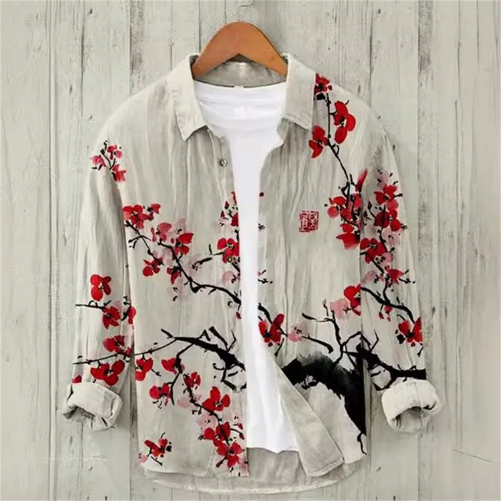 

Summer Fashion Retro Plum Blossom Sunrise Japanese Shirt Men's Casual Shirt Short Sleeve Stand Collar Henry Shirt Tops