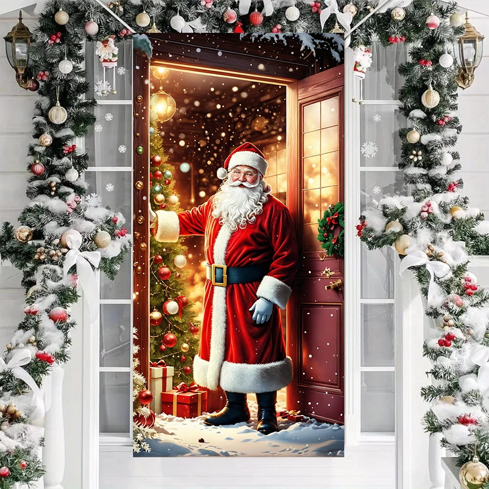 Christmas Door Flags Santa Claus Snowman Photos Home Background Decorations Curtains Hanging Cloth Christmas Outdoor Decoration