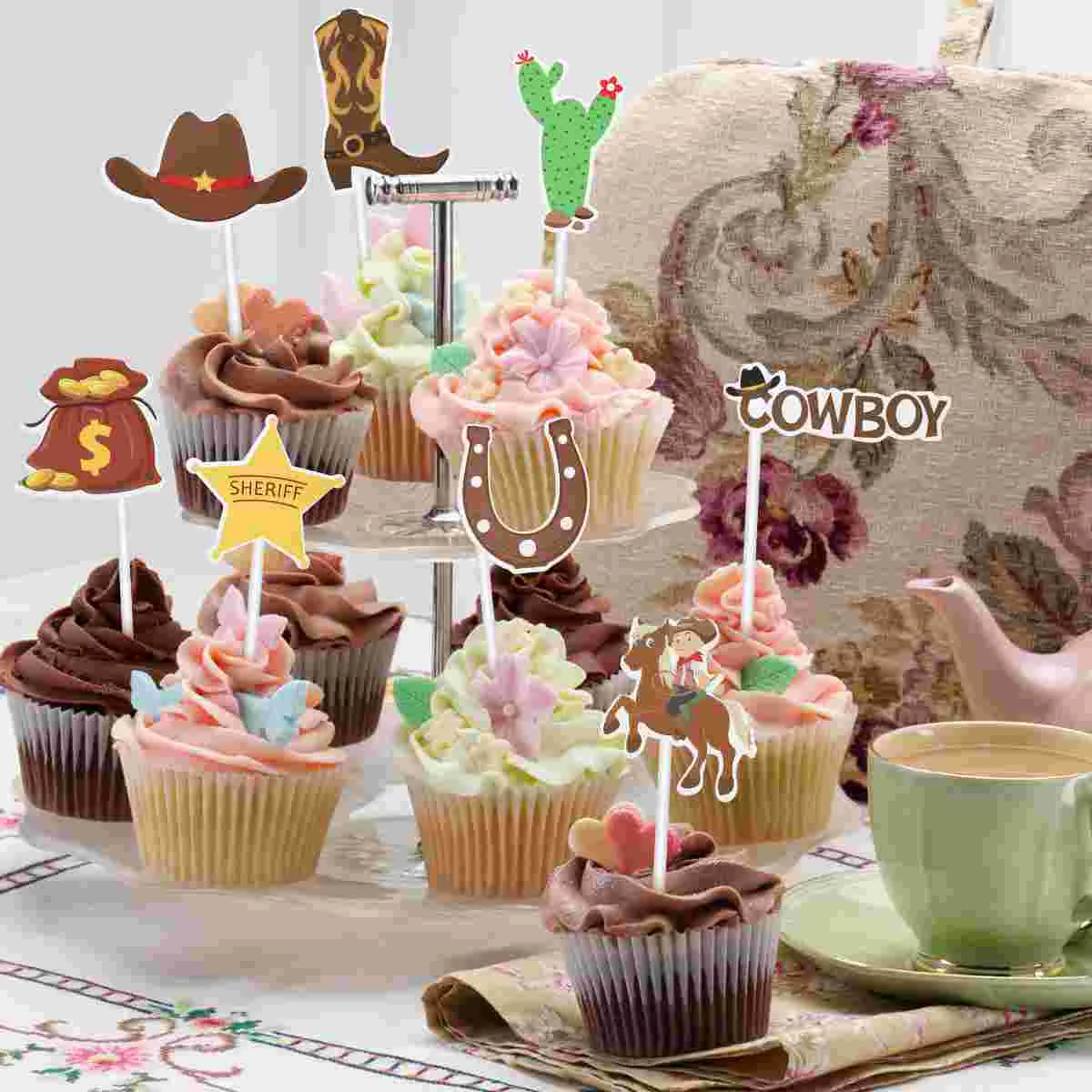 Amosfun 72PCS Theme Cupcake Toppers Western Style Party Decorations Cake Dessert Topper Picks Party Cake Decor