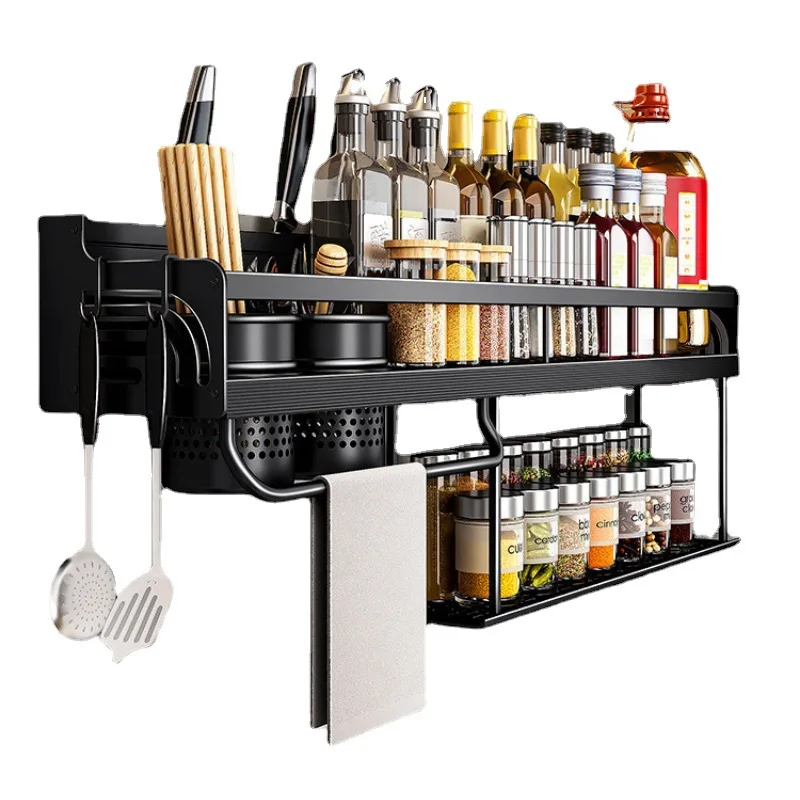 Double-Layer Kitchen Organizer Shelf Wall-mounted Spice Storage Rack Kitchen Knife Holder Wall Seasoning Chopstick Spoon