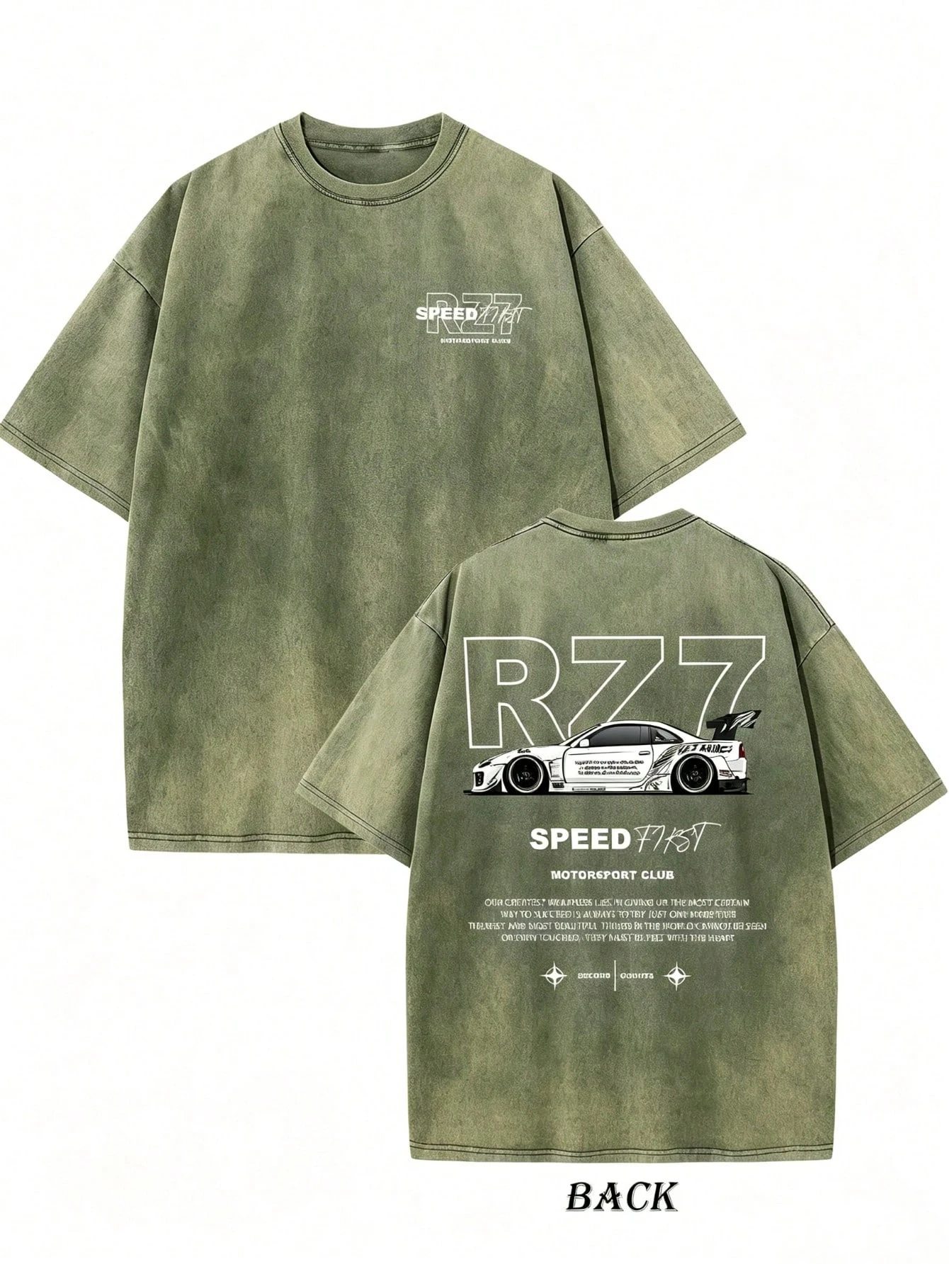 Mens Vintage Washed Black T Shirt R77 Racing Car Graphic Back Print Oversized Short Sleeve Motorsport Streetwear