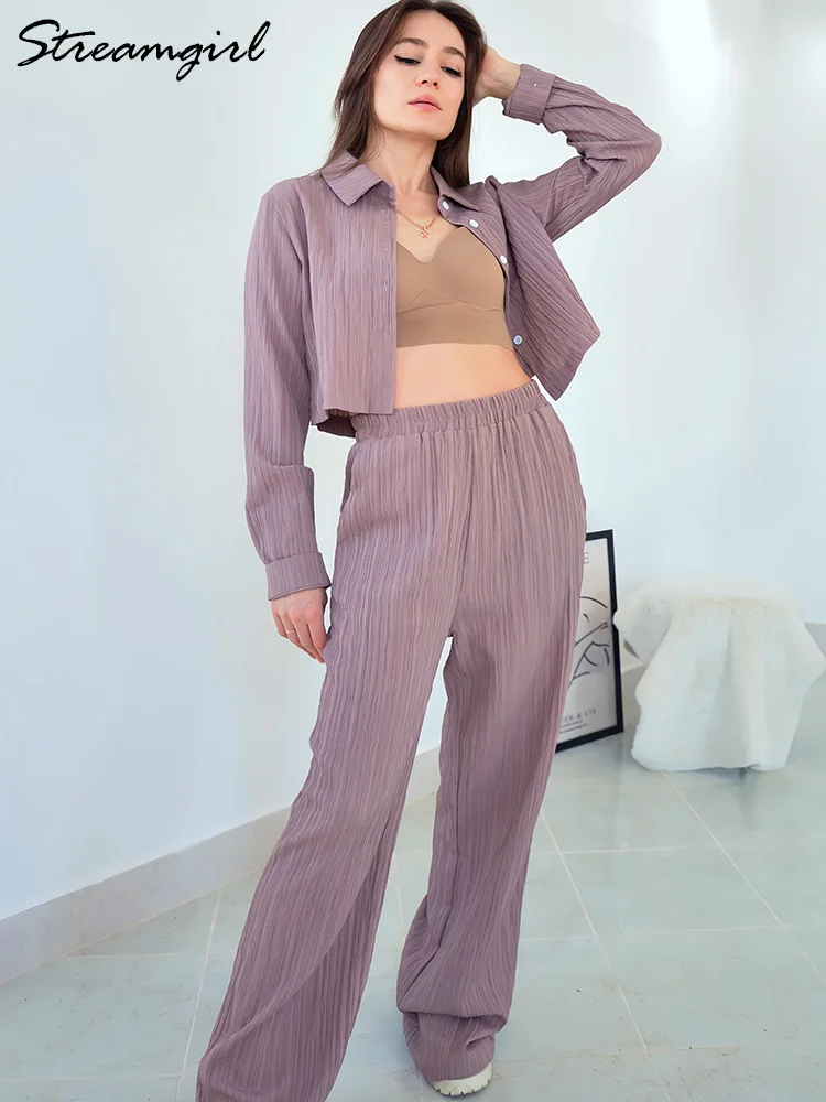 Summer Crop Top And Pants Sets For Women 2024 2 Pieces Straight Trousers Women\'s Suits Two Piece Sets For Women Shirt And Pants