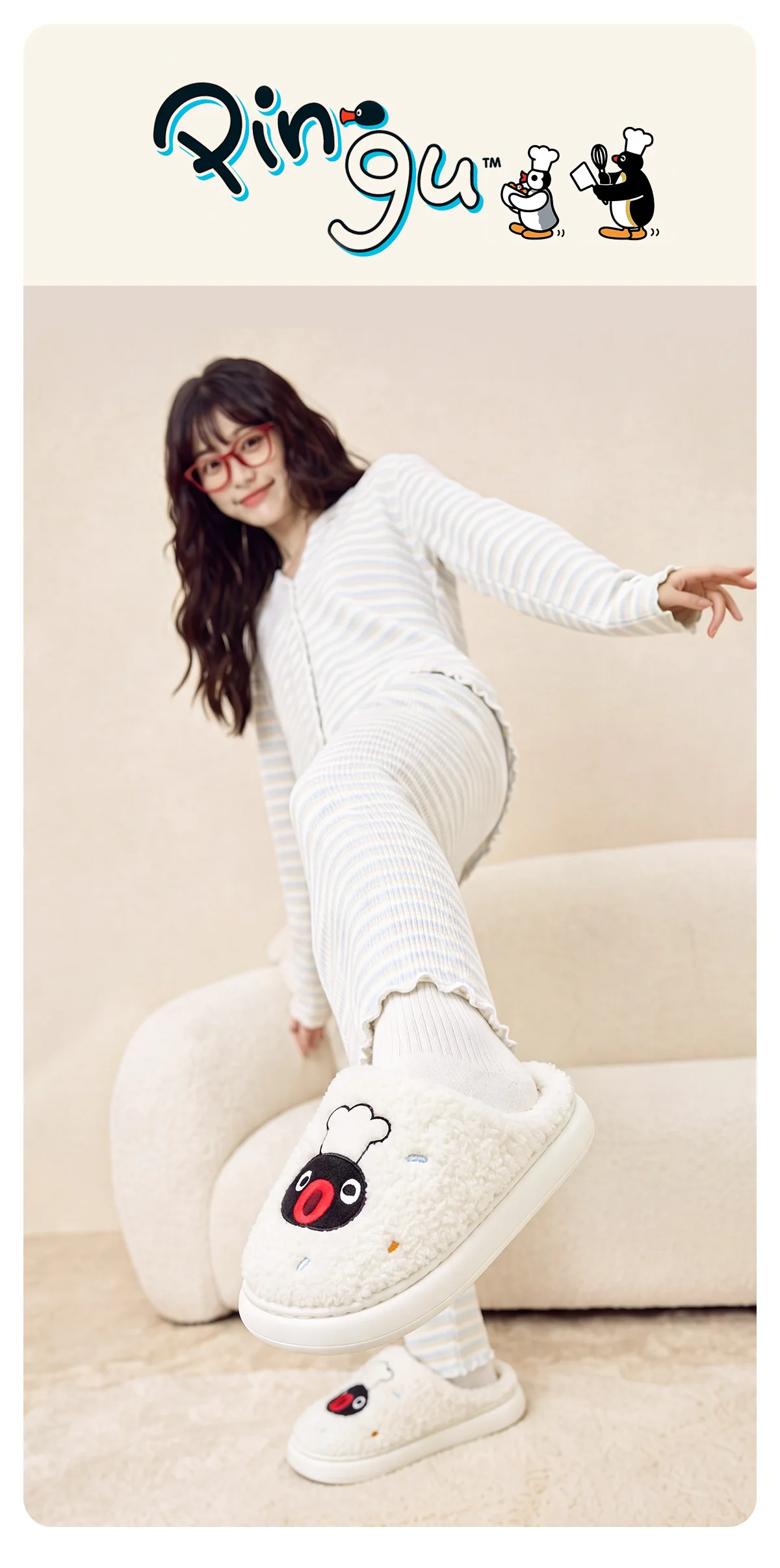 Lizenzierte Pingu-Stickerei-Plüschpantoffeln für Damen, dicke Sohle, warme, flauschige Slip-On-Hausschuhe für den Winter. – Detail 7