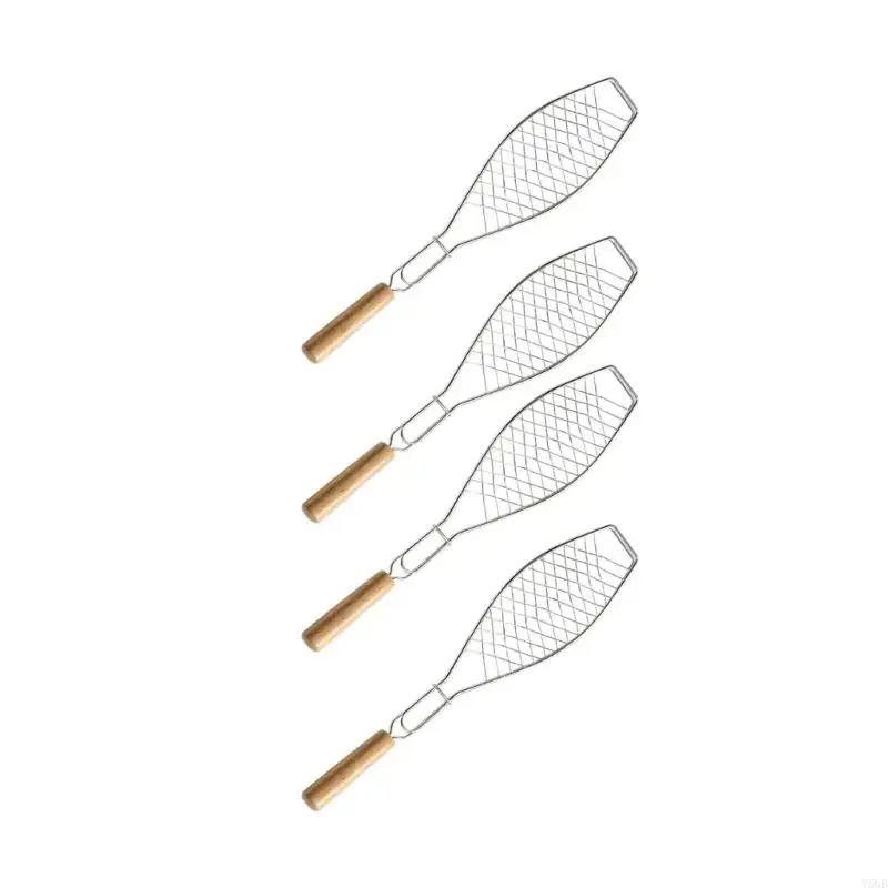 Metal Fish Barbecue Basket Set of 4 with Round Handle for Turning Whole Fish During Home BBQ, Outdoor Cooking and Everyday Y5GB
