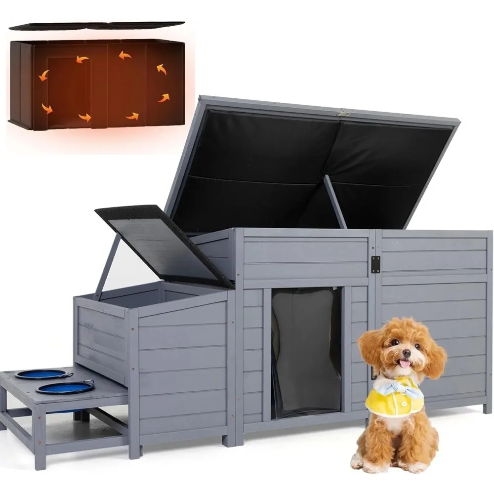 

Large Insulated Outdoor Dog House, Winter Weatherproof Wooden Dog Kennel with Slow Feed Bowls, Gray