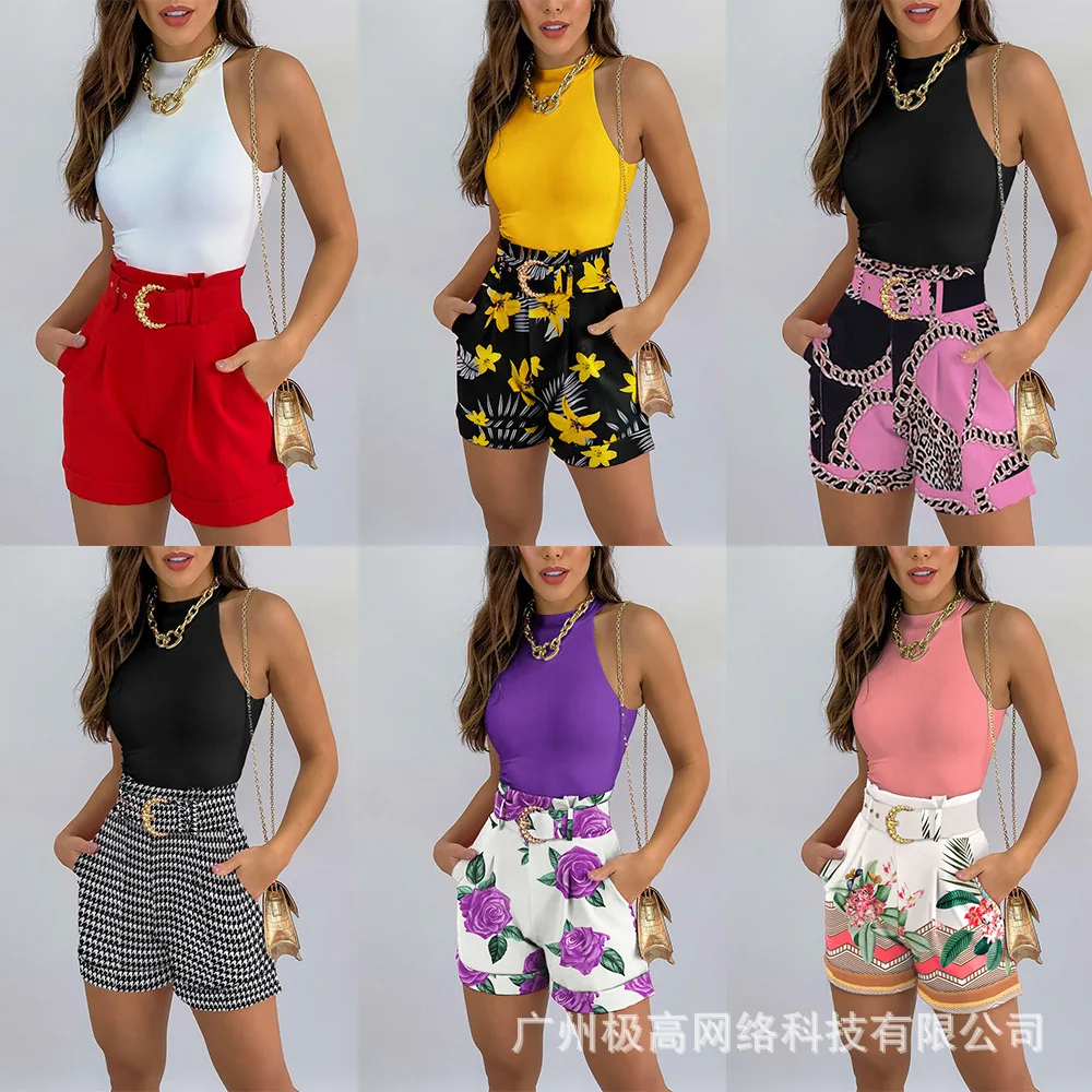 

2026 spring/summer new item in stock women's fashionable commuting printed shorts vest solid color set - with belt