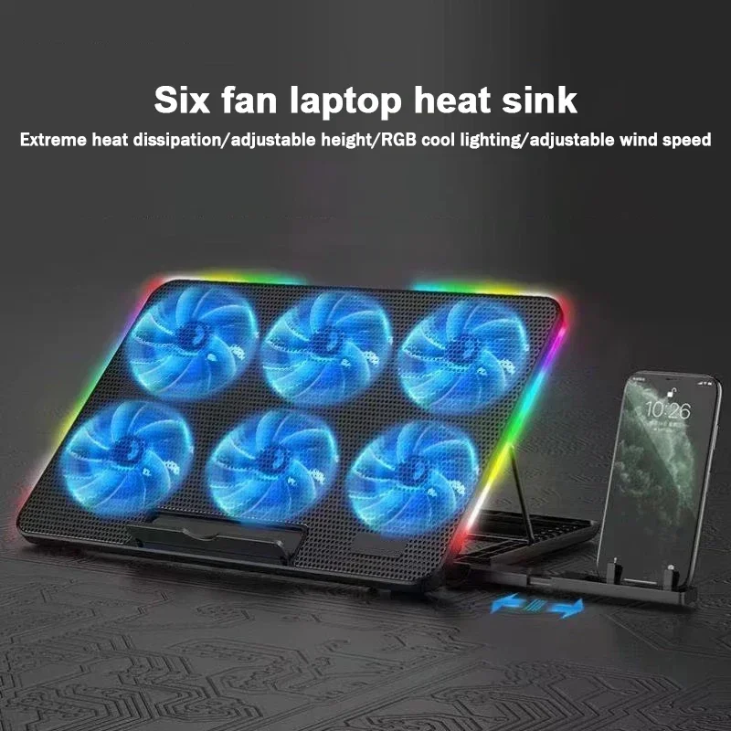 

7 Height Wind Speed Adjustable Gaming RGB Laptop Cooler 2 USB Ports 6 Fan Gaming Led Light Notebook Cooler For 11-17 Inch Stand