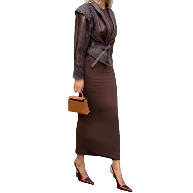 Damska kurtka skórzana z długim rękawem, luźna, uniwersalna, z dużym kołnierzem i ozdobnym wiązaniem, nowość 2025.