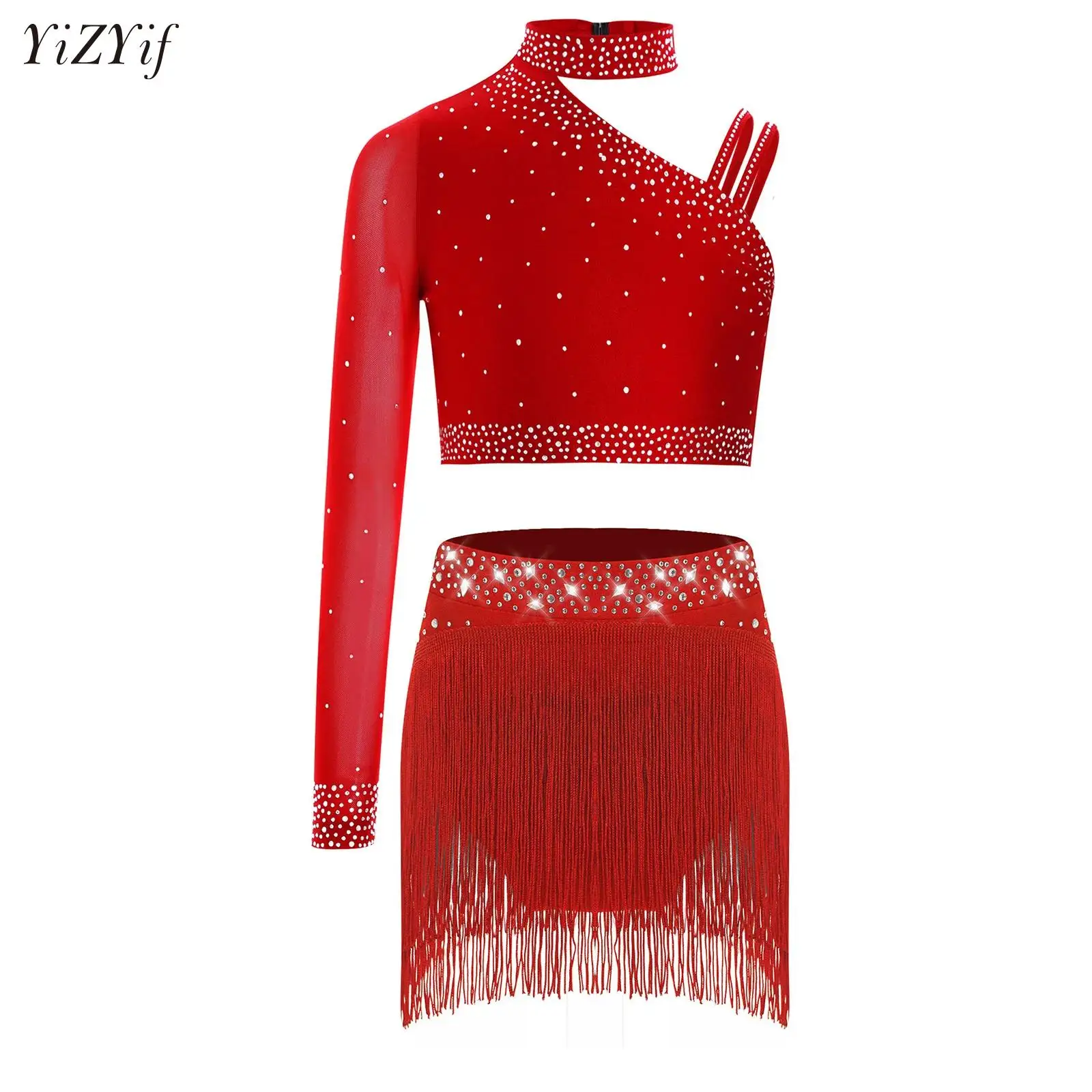 

Kids Girls Figure Skating Tango Samba Latin Jazz Dance Performance Costume Irregular Shoulder Crop Top+Fringe Skirt Bottoms Set