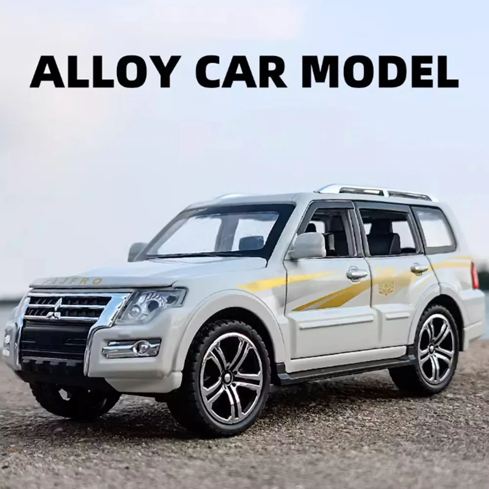 

1:32 Mitsubishi Pajero SUV, модель автомобиля из сплава, игрушки, литой под давлением звук, свет, откат, 6 дверей, открытый миниатюрный автомобиль, орнамент, подарок для мальчика