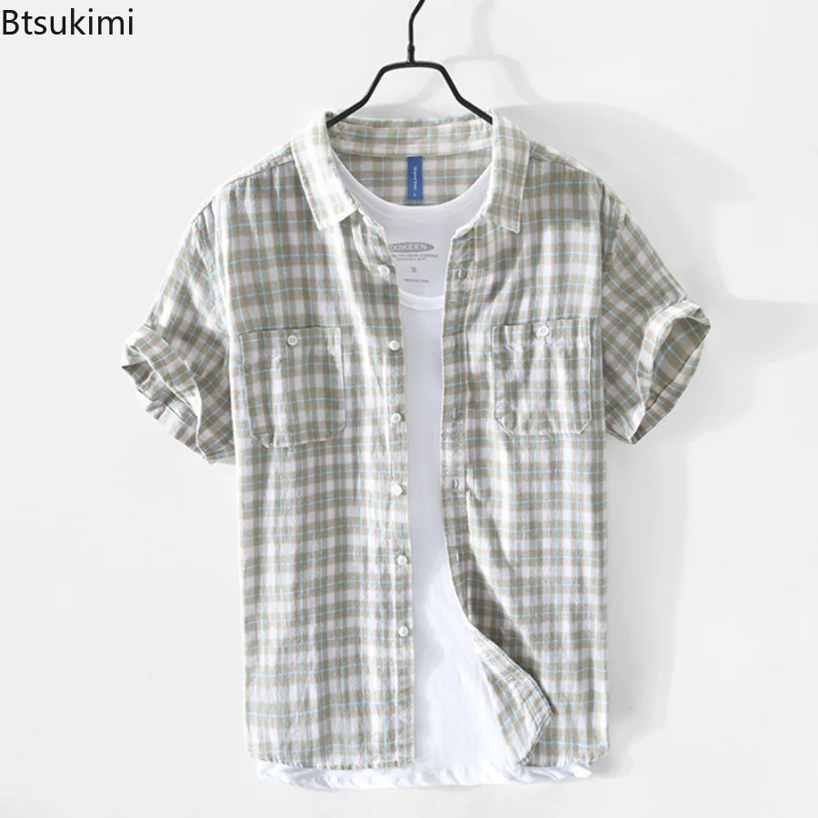 High Quality 100% Cotton Short Sleeve Shirts for Men Spring Summer New Casual Lapel Shirt Coats Vintage Plaid Male Cardigan Tops