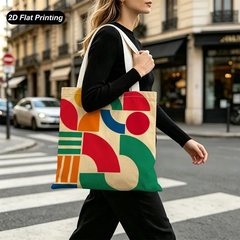 1PC【Tote Bag】2D Flat effect Geometric Stripe Abstract Print Tote Bag，Large Capacity，Adapted shopping、Daily Commute、Shopping、