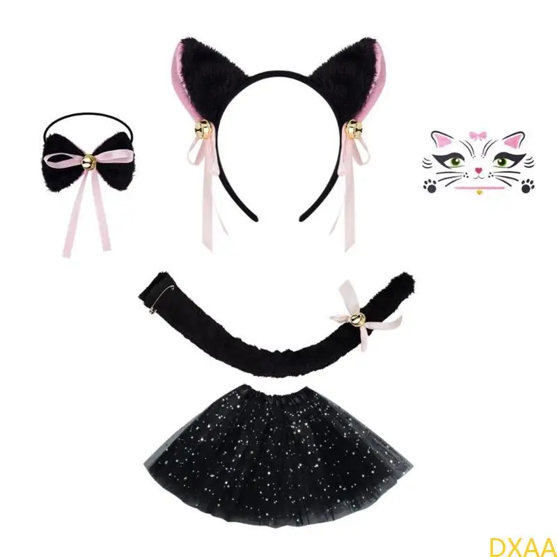 DXAA Kids Cats Kostüm Set Katzen Ohren Stirnbänder Schwanz Tutu Bowtie Halloween Party Requisiten