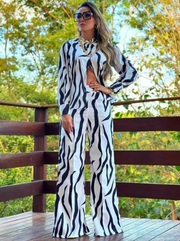 Fashion Long-sleeved Lapel Single-breasted Shirt Top + Wide-leg Pants 2-piece Set Women Autumn Floral Printing Loose Suit Female