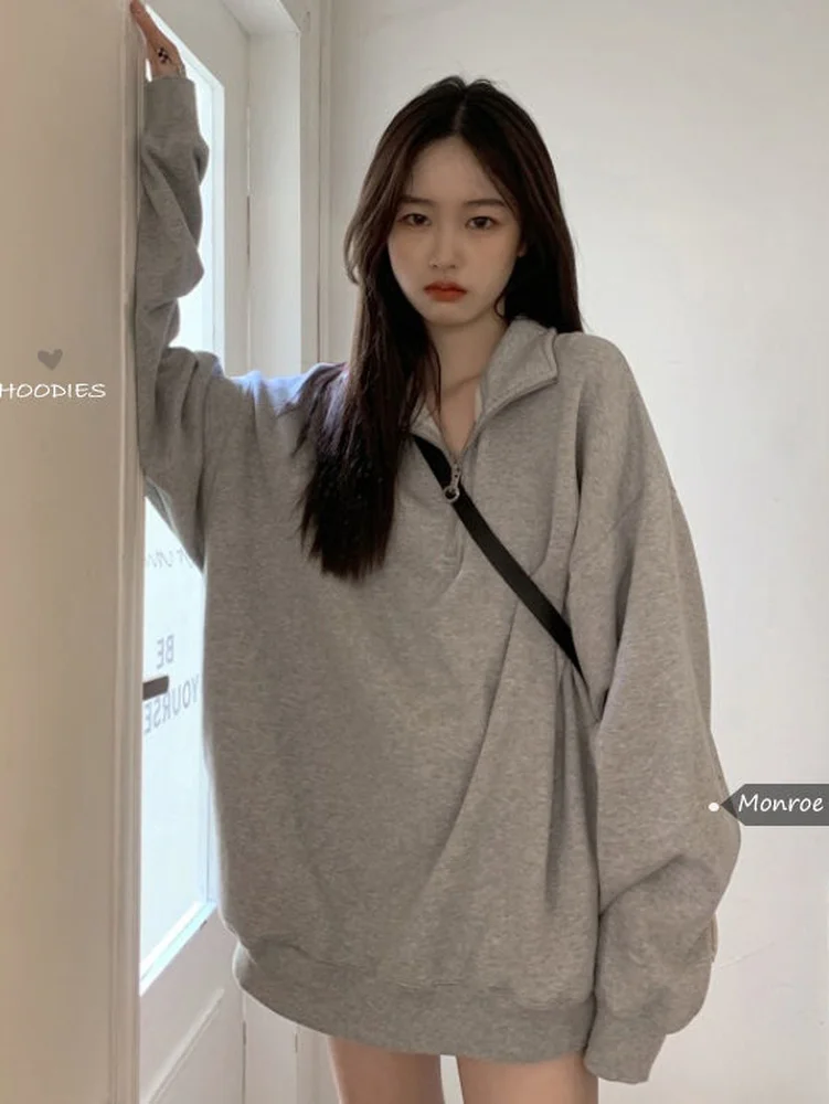 QWEEK Casual Oversized Sweatshirts Women Korean Fashion Kpop Polo Collar Grey Solid Pullovers 2022 Autumn Streetwear