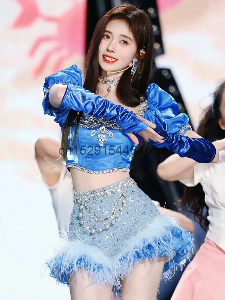 K-pop Singer Outfits Korean Idol Concert Stage Performance Clothing Women Jazz Dance Costume Hip Hop Diamond Blue Dance Clothes