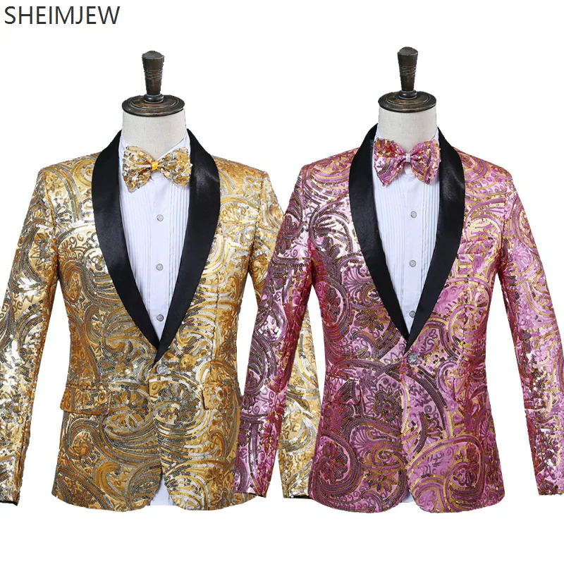 2026 Men's Fancy Sequin Suit Green Collar Jacket Adult Cosplay Nightclub Singer Host Studio Suit Bow Tie Suit Wedding Party Gown