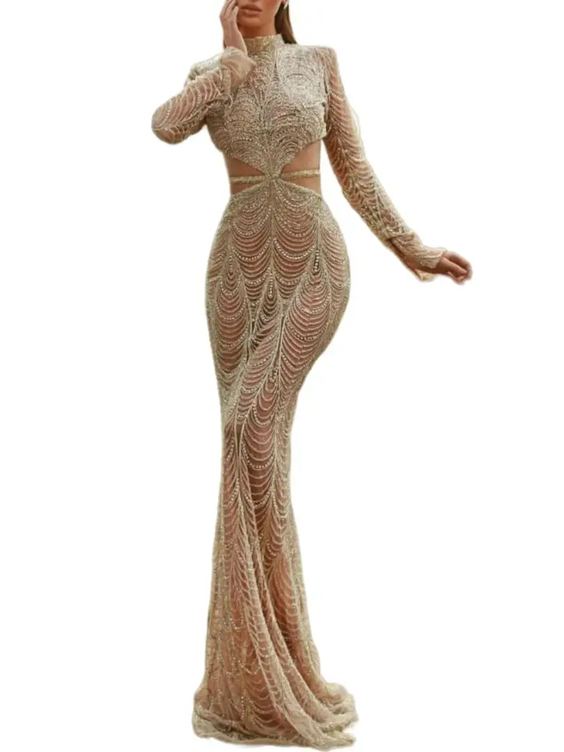 Vestido de fiesta de sirena con cuentas y cuello alto, vestidos de noche largos de manga larga con cristales de lujo para mujer, vestido de fiesta totalmente forrado