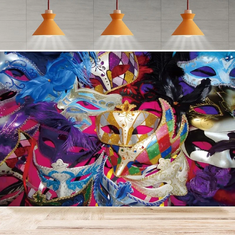 

Masquerade Photography Backdrop Party Various Colorful Mask Mysterious Mask Feather Background Wall Home Party Decor Banner