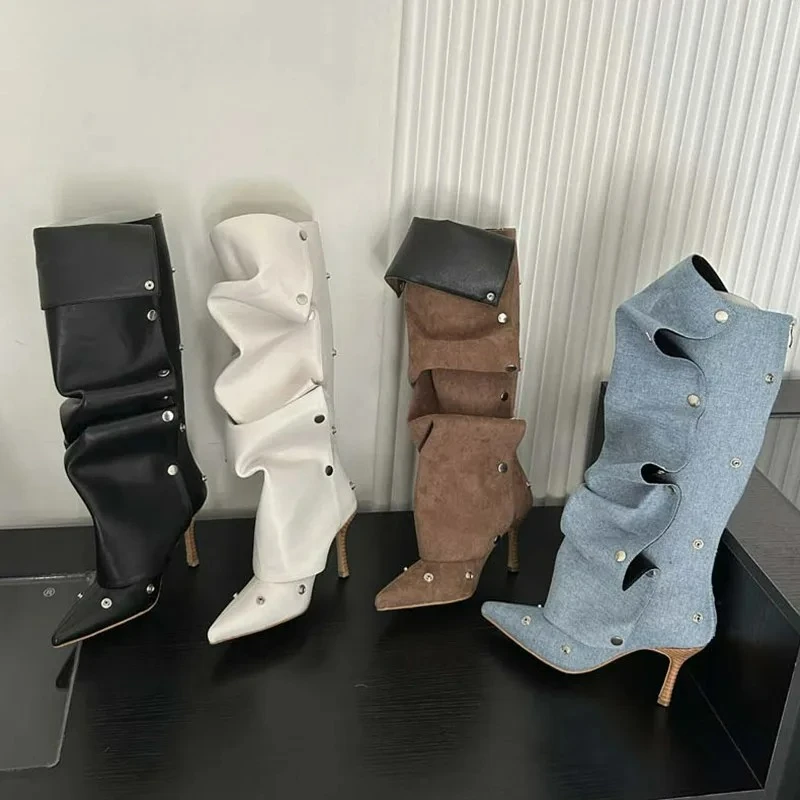 

Ins style Autumn Winter Rivet Button Pleated Women Knee-high Boots Fashion Pointed toe PU Leather Thin High heels Boots Shoes