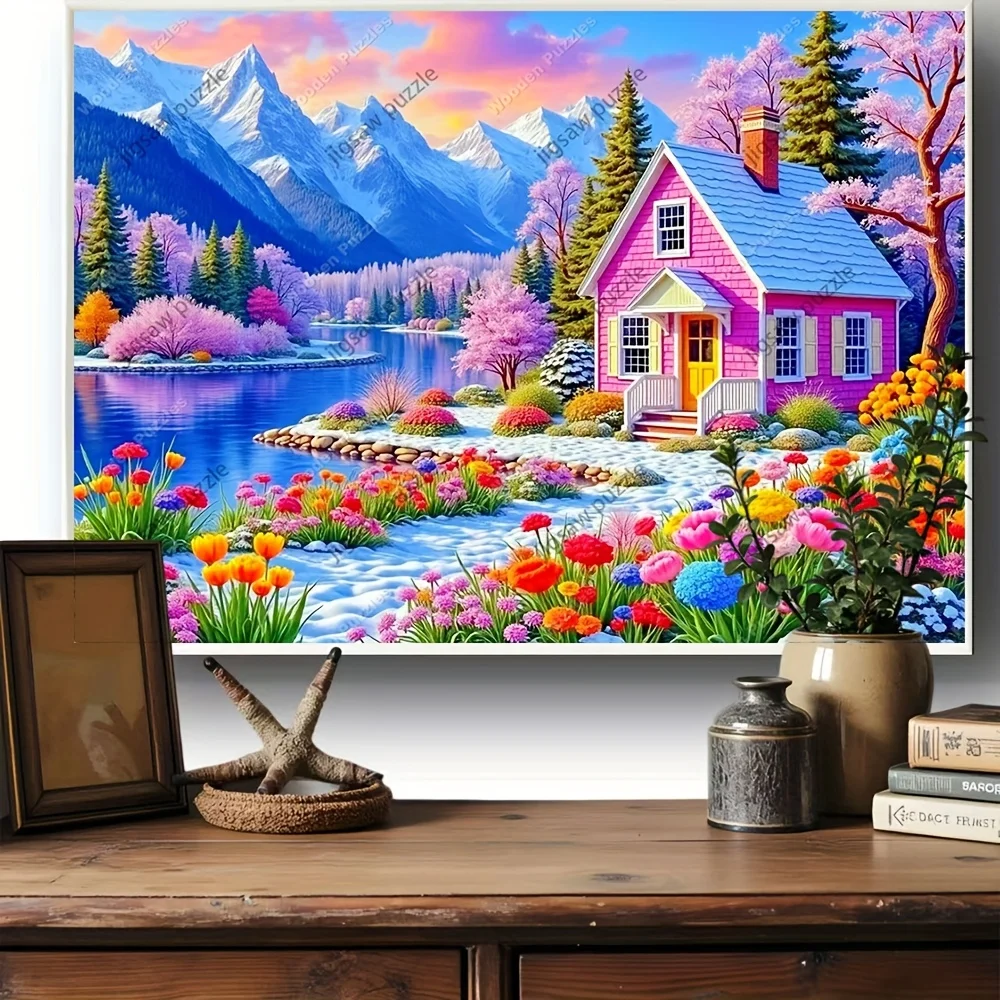 2000/1500/1000/500 قطعة أحجية الصور المقطوعة الخشبية للبالغين - مشهد زهور جبل البحيرة الوردية النابضة بالحياة، تشالينجين الخشبي الفاخر