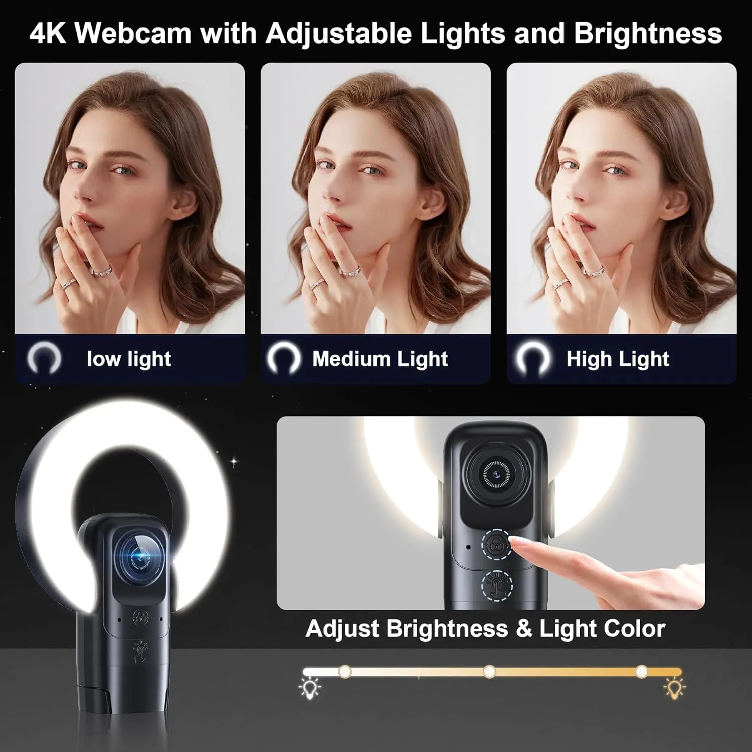 EXHQDR 4K Autofocus USB Webcam with Ring Light 3 Colors,Remote Control,Adjustable Settings,Mirror Flip,10X Zoom,Streaming Camera