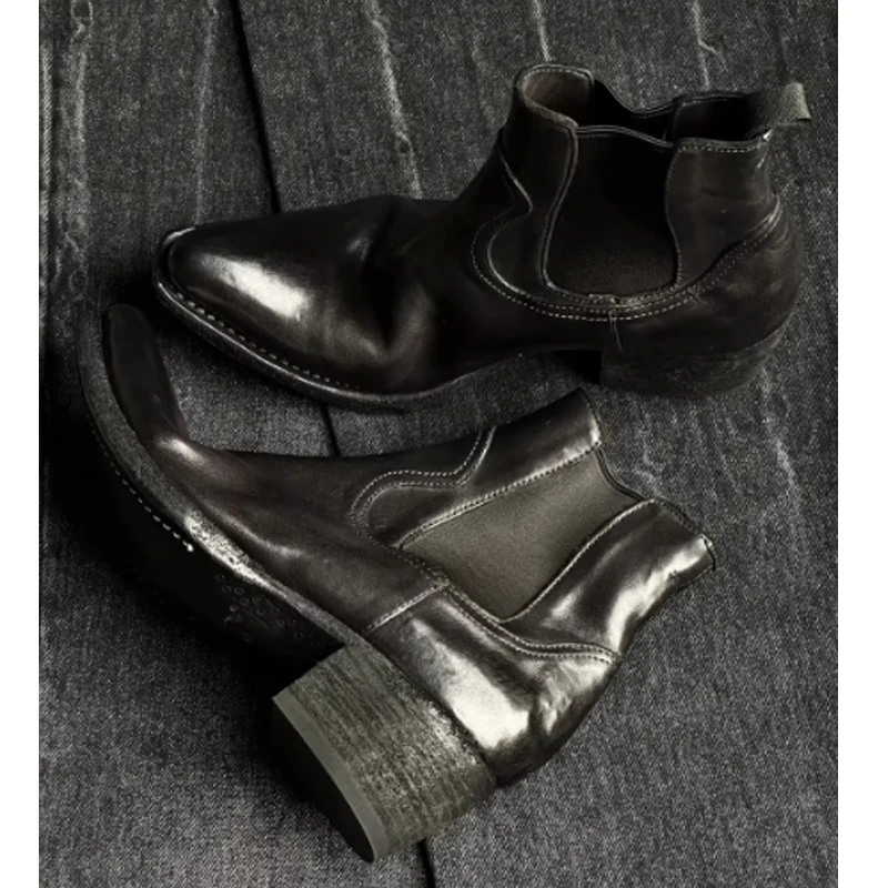 

Men's Pointed Toe Chunky Heel Ankle Boots Black Leather Upturned Toe Slip-On Boots Retro Fashion Commute Casual Dress Shoes